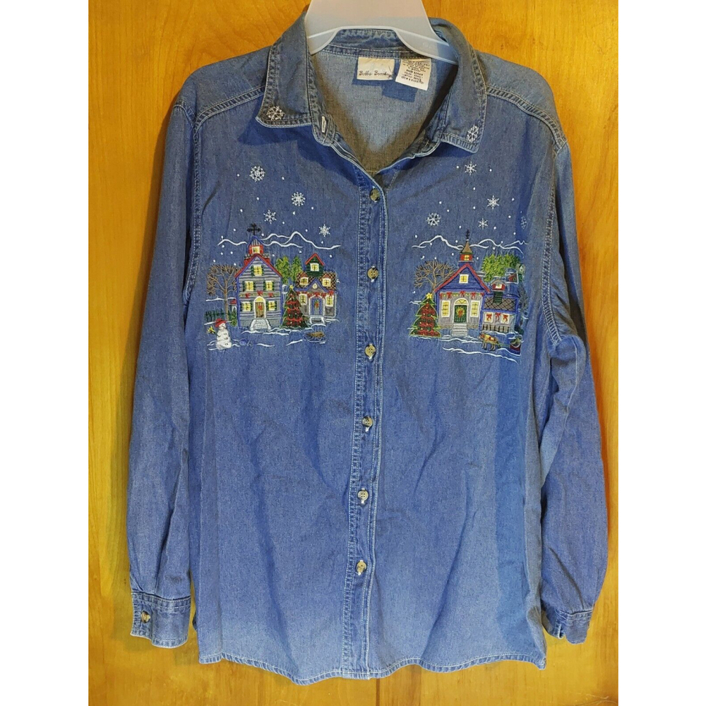 Vintage Bobbie Brooks Denim Shirt Size Large 12/14 Longsleeve Christmas Embroide